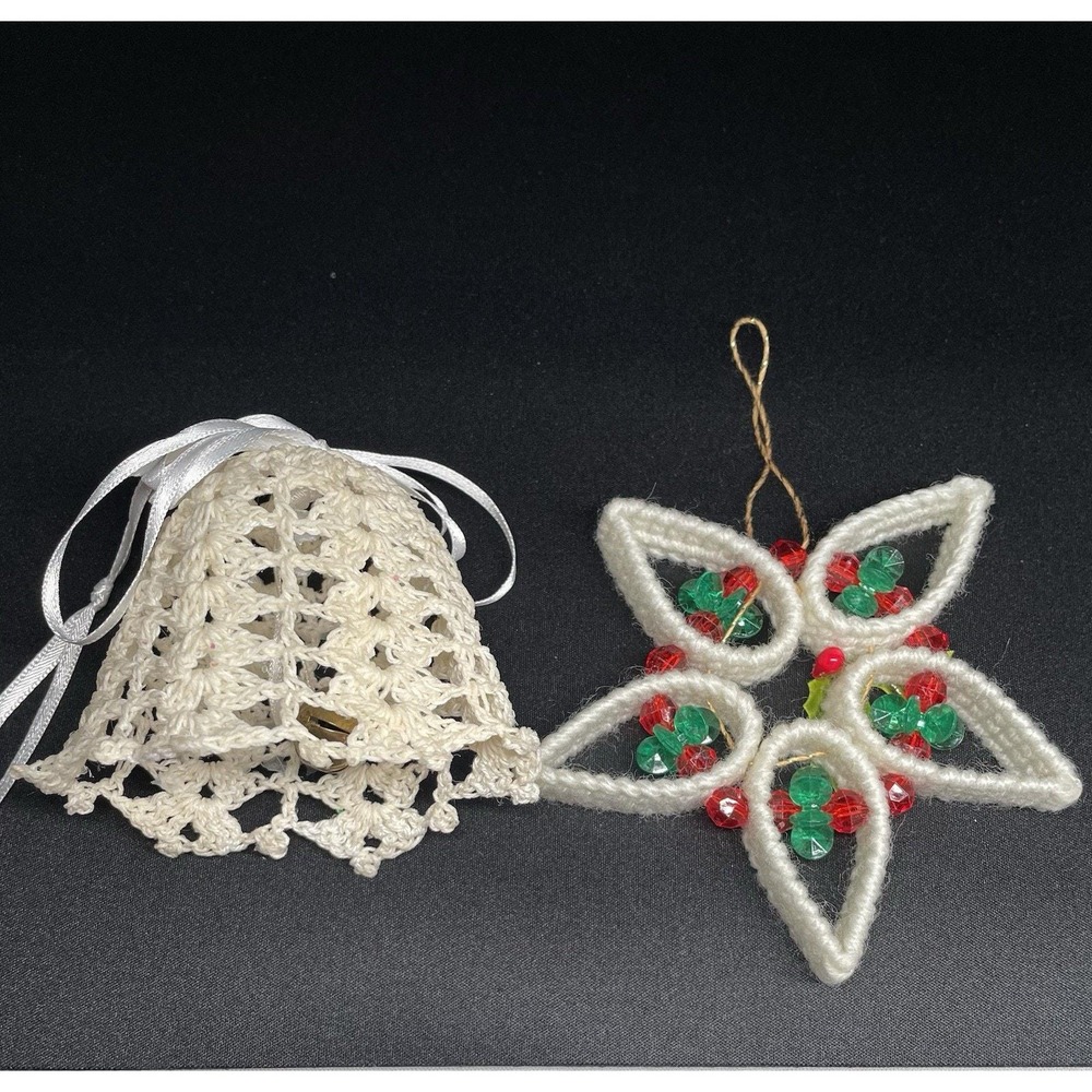 Vintage Crochet Starched Bell & Yarn Star Snowflake Handmade Ornaments. Lot of 2
